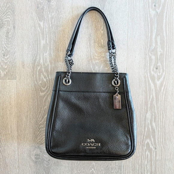 Coach Cammie Chain Black Leather Bucket Bag Shoulder Purse...